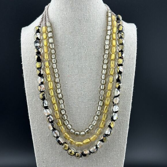 Vintage Three Strand Sterling 925 Silver Gold Foil Art Glass Beaded Necklace 19"